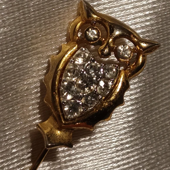 Vintage gold tone rhinestone owl stick pin - Picture 12 of 12
